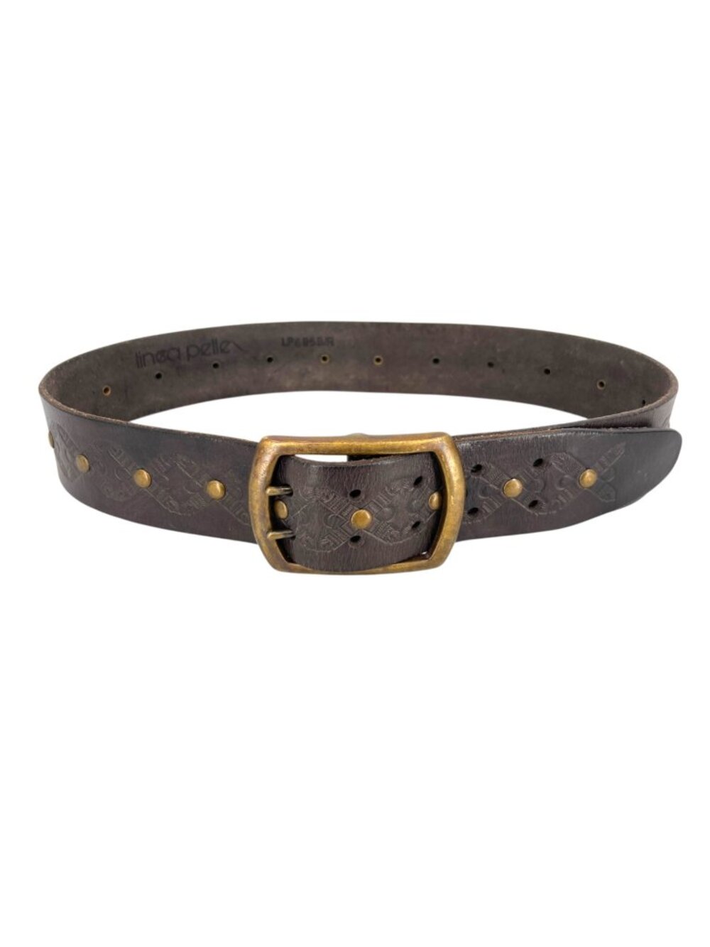 Linea Pelle Brown Leather Belt Solid Brass Buckle Studded Embossed Size Small